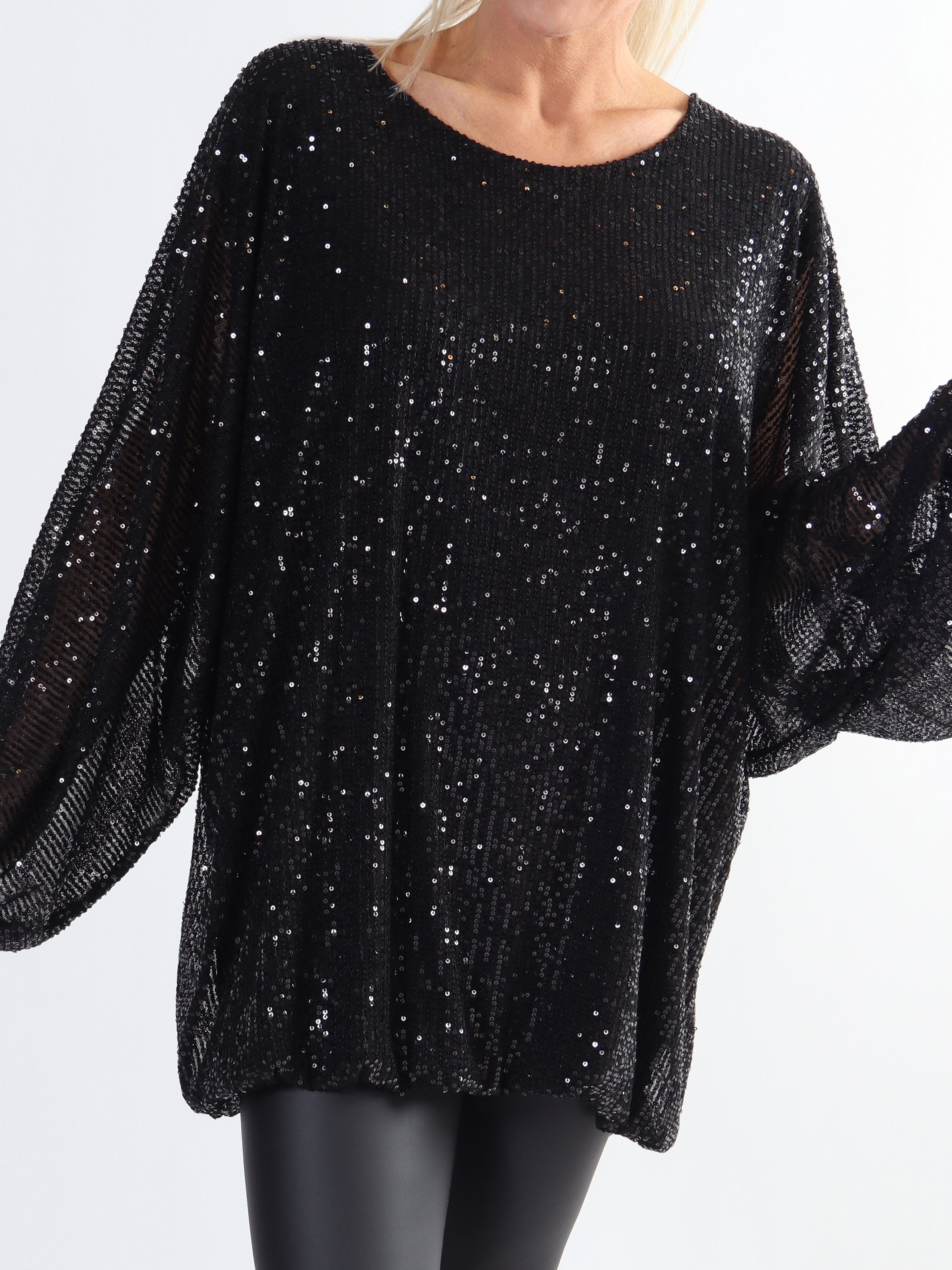 Destiny - Plus size paillet bluse med flagermusærmer